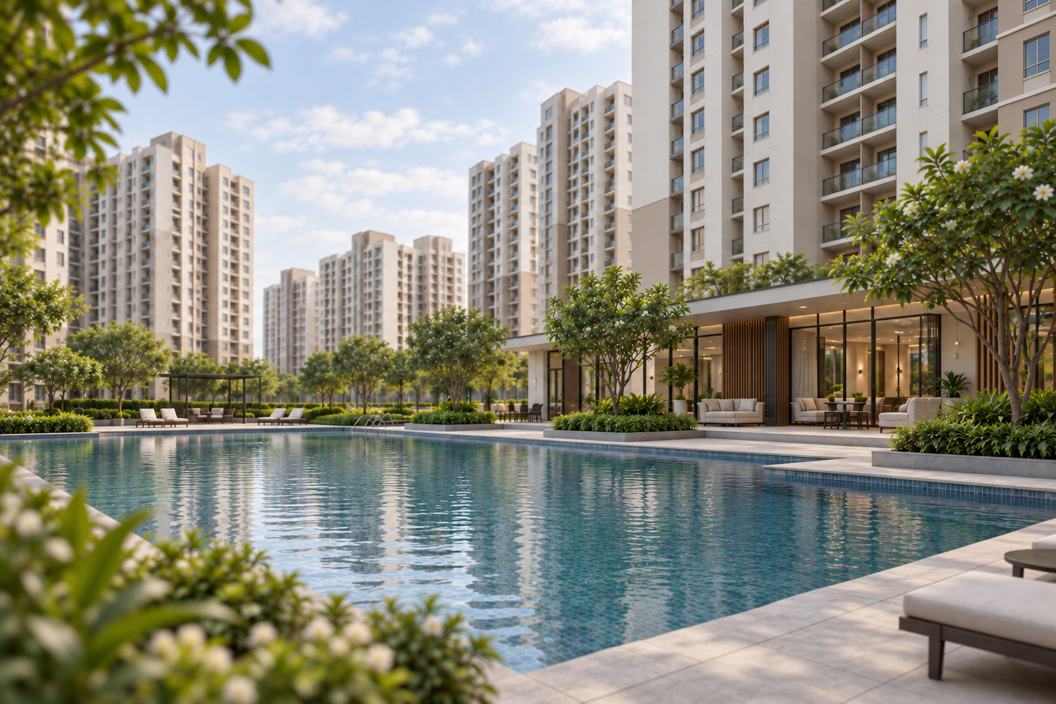 ภาพแนวคิด YooDee Property อาคารพักอาศัยพร้อมสระว่ายน้ำและสวนส่วนกลาง สร้างด้วย AI
